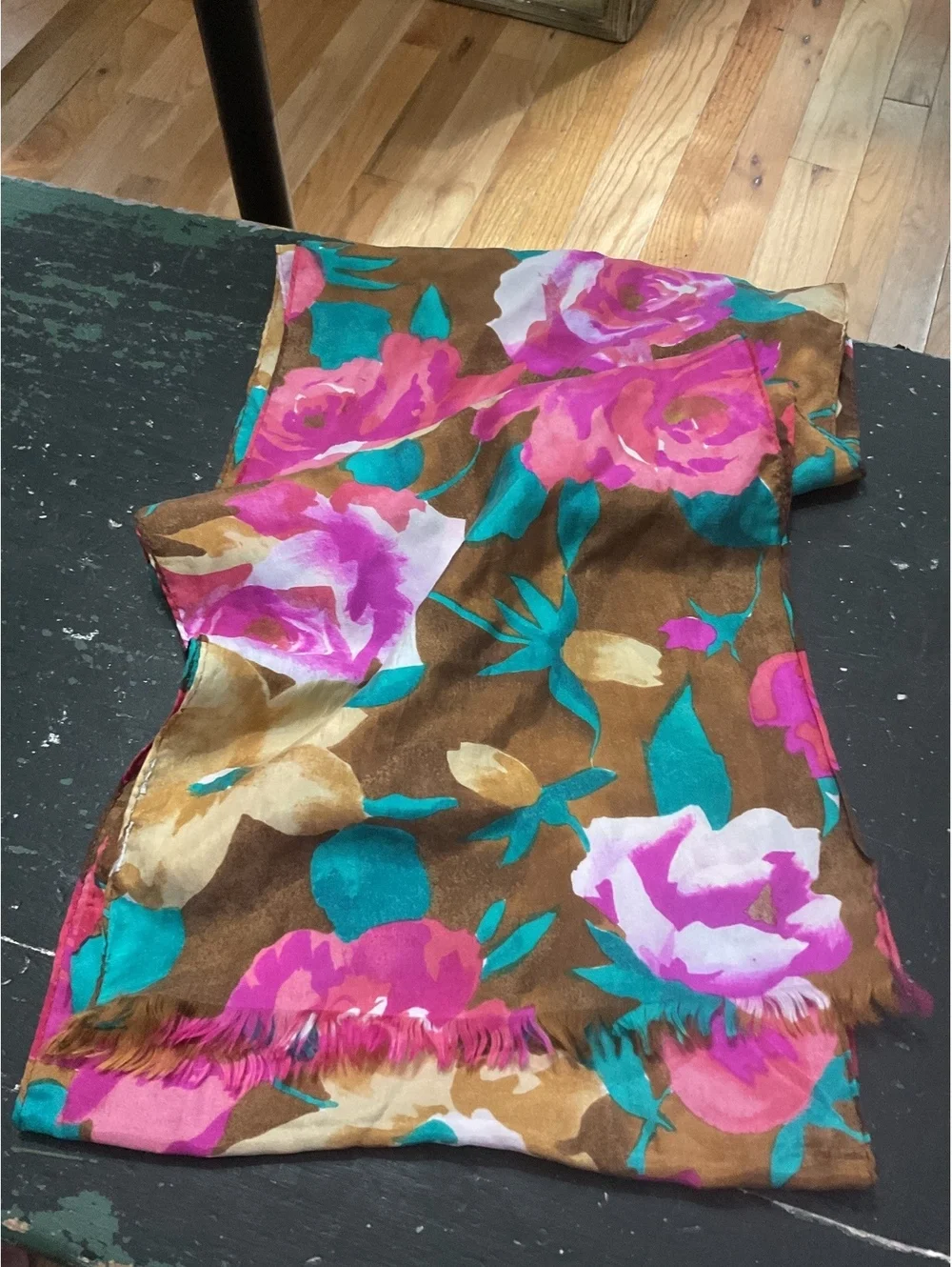 Vintage Floral Shawl /Wrap / Scarf with Pink, Brown and Turquoise Flowers